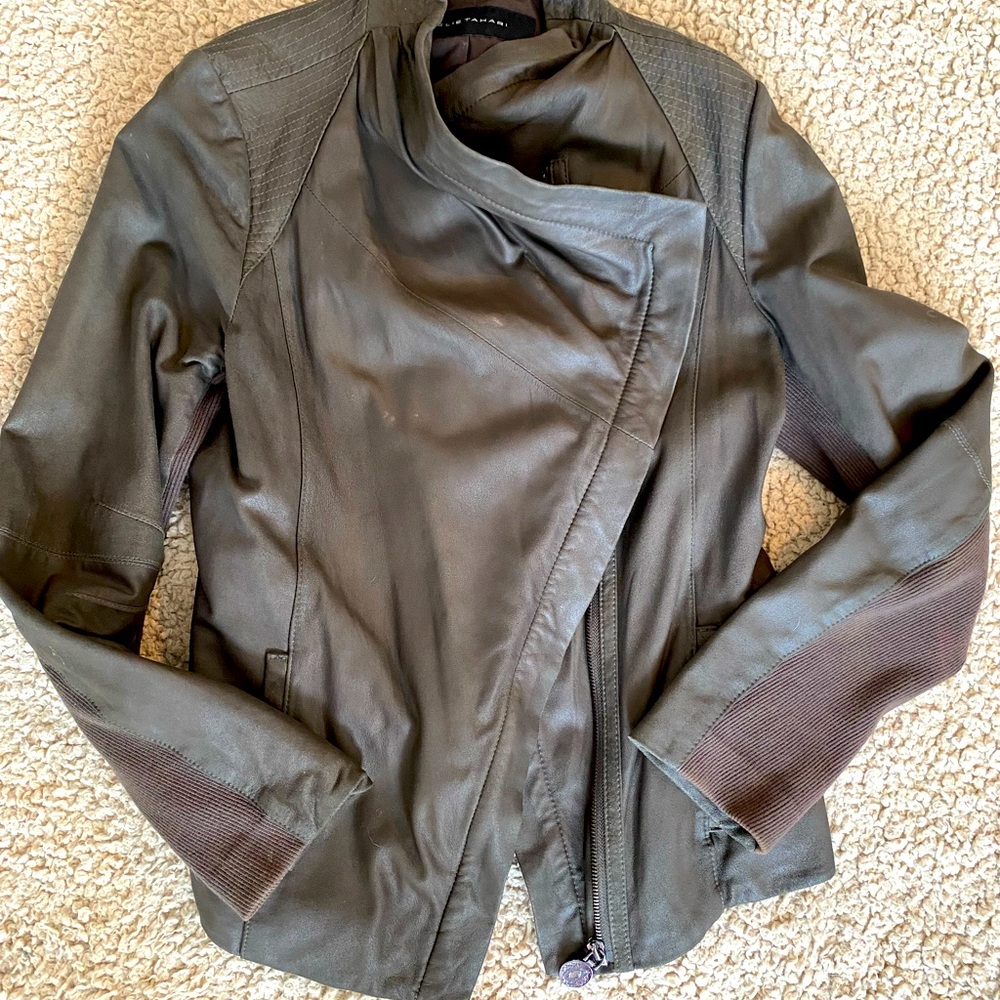 Elie Tahari - Gray Lamb Leather Moto Jacket - Size Medium